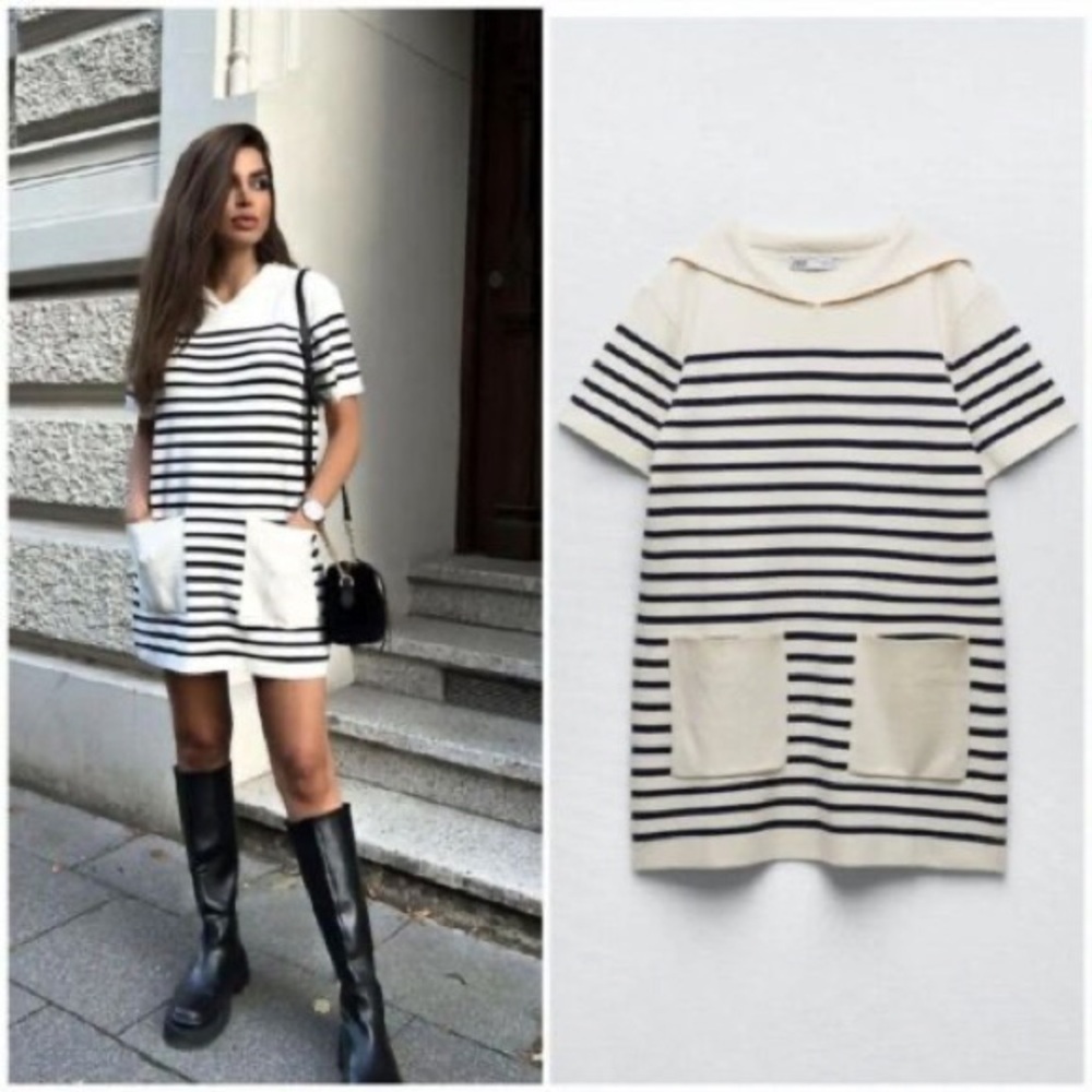 Zara Striped Knit Mini Dress Small Sailor Lapel Collar Pockets Cream Navy Costal - Picture 2 of 16